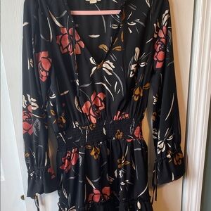 Floral Black Dress with Red and Orange Accents